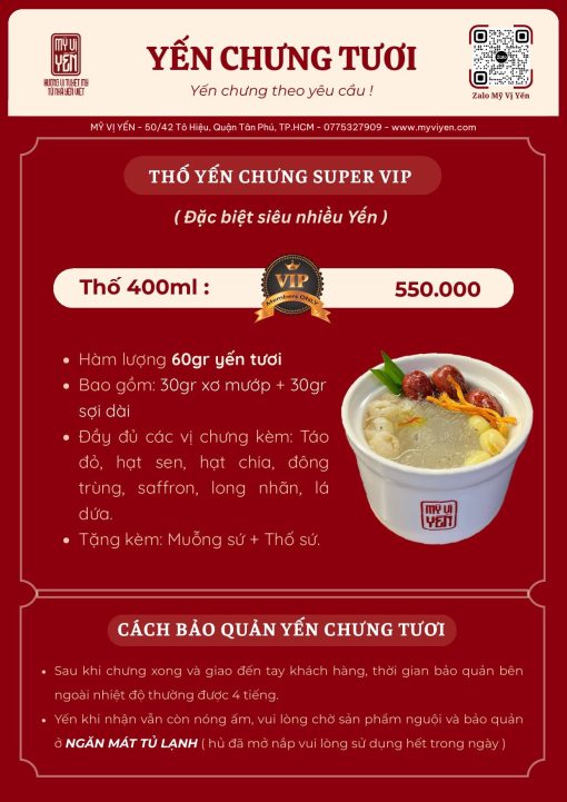 Bảng giá thố yến chưng Super VIP 400ml 550.000đ và cách bảo quản yến chưng tươi