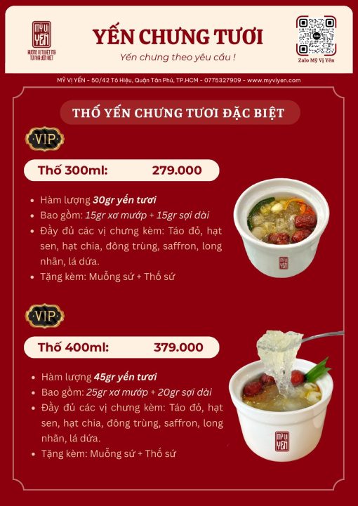 Bảng giá thố yến chưng tươi đặc biệt Mỹ Vị Yến: thố 300ml 279.000đ, thố 400ml 379.000đ